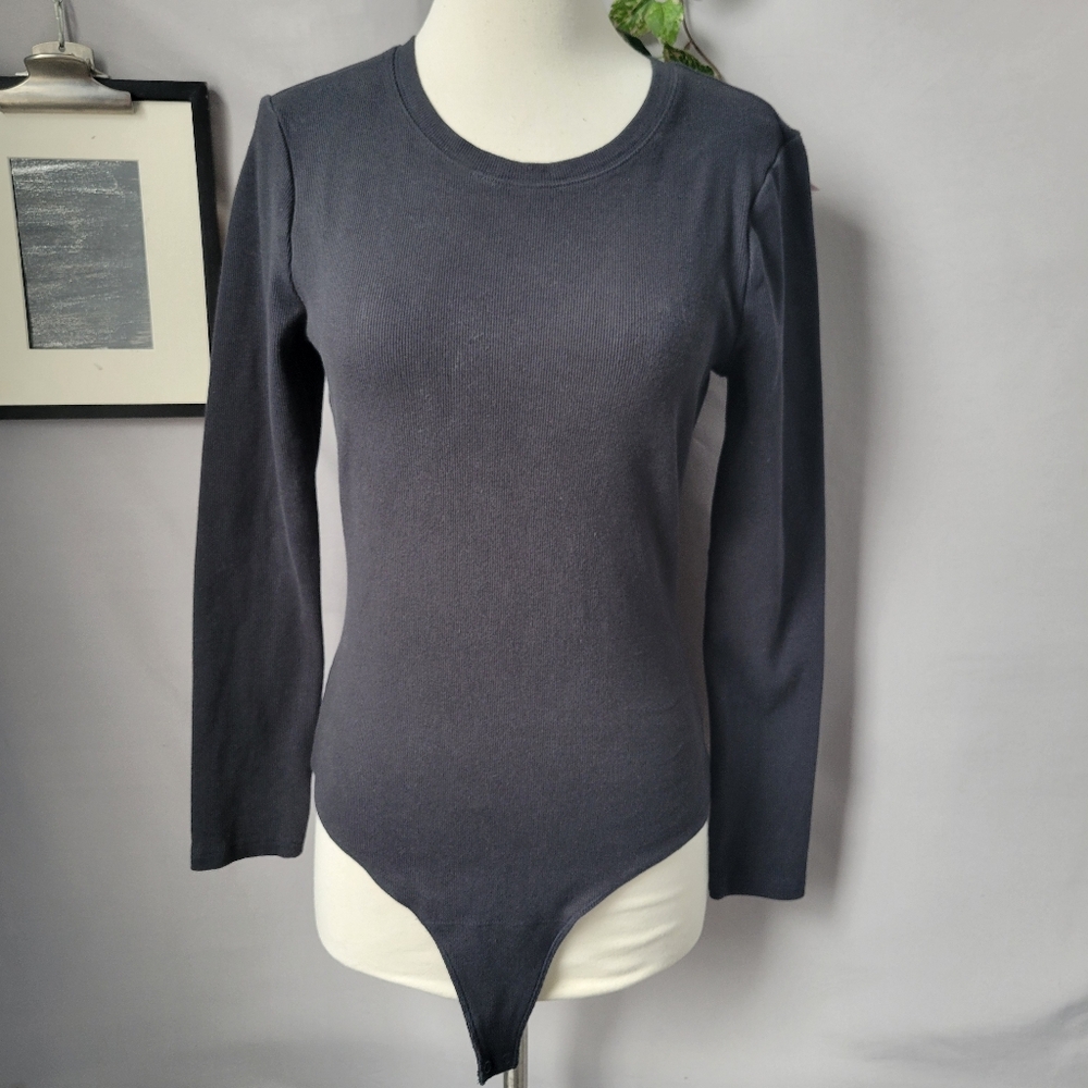 Nuuds Long Sleeve Ribbed Crew Neck Bodysuit Thong Bottom Black L